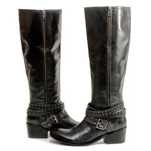 ~BRONX~ Black Leather Harness & Studs Knee-High Moto Boots, Size 39/8.5